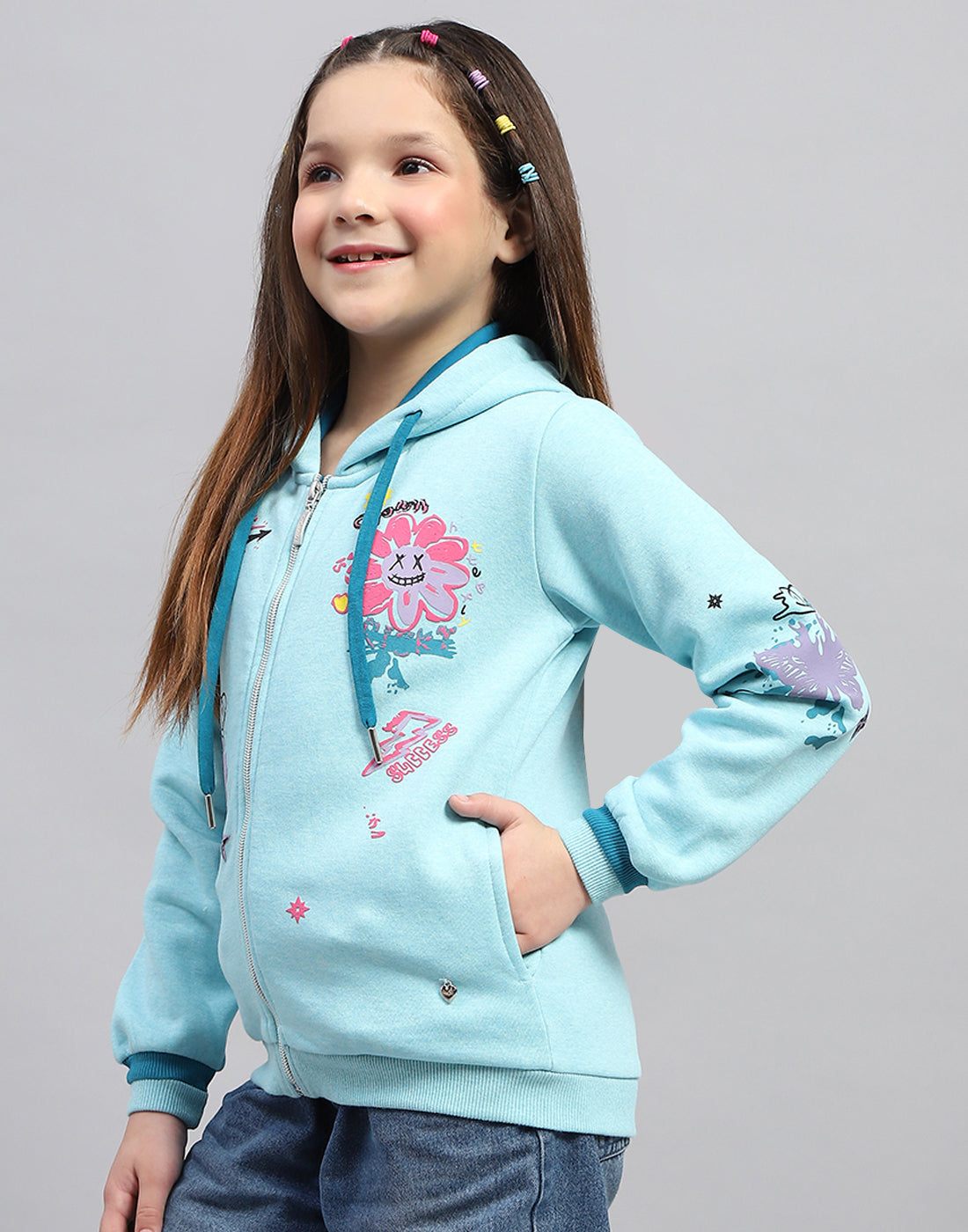Girls Aqua Blue Printed Hooded Full Sleeve Sweatshirt