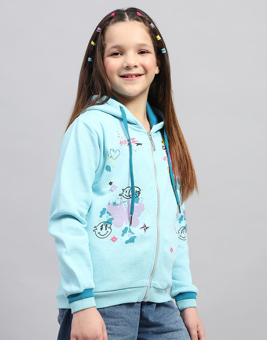 Girls Aqua Blue Printed Hooded Full Sleeve Sweatshirt