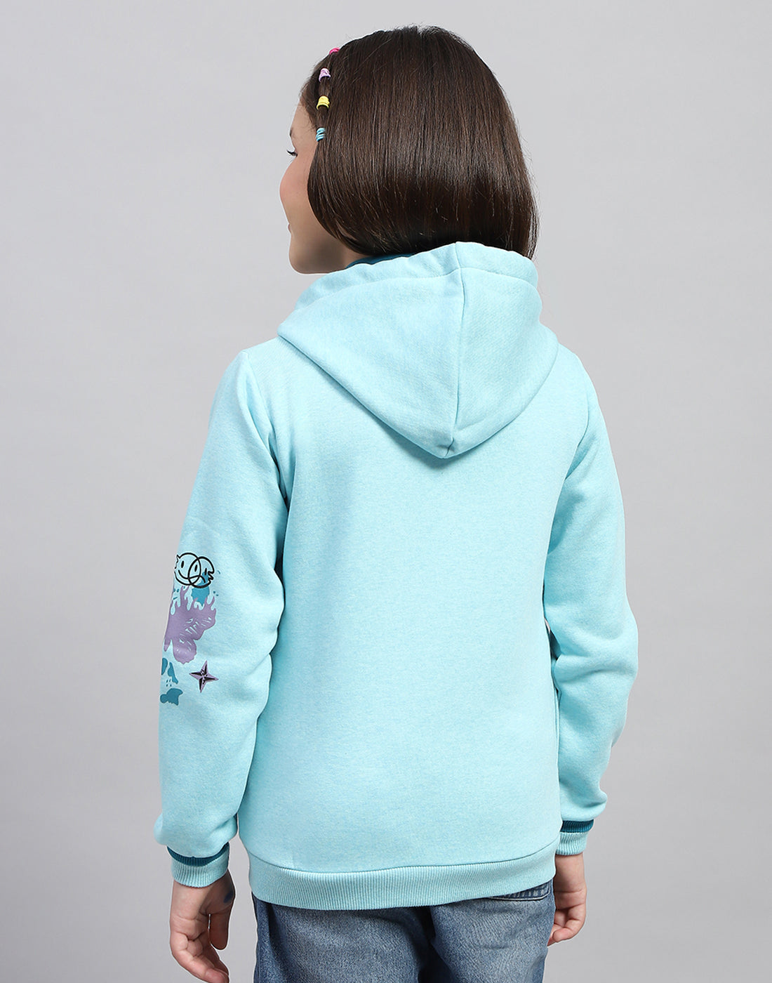 Girls Aqua Blue Printed Hooded Full Sleeve Sweatshirt