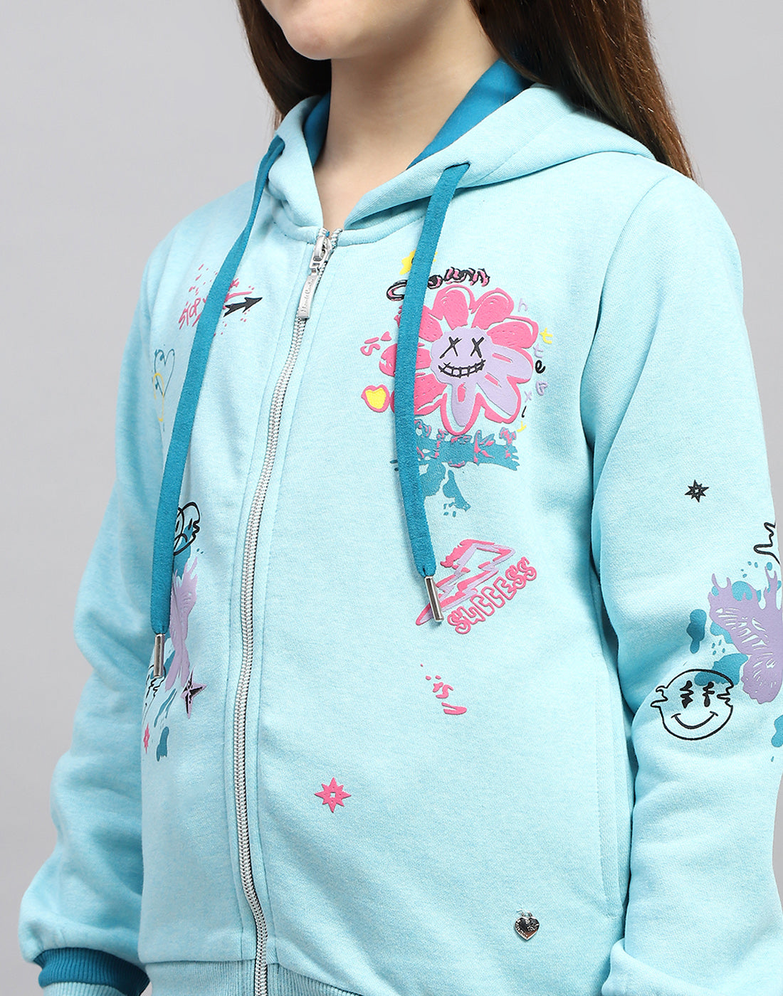 Girls Aqua Blue Printed Hooded Full Sleeve Sweatshirt