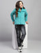 Girls Teal Blue Solid Mock Neck Full Sleeve Jacket