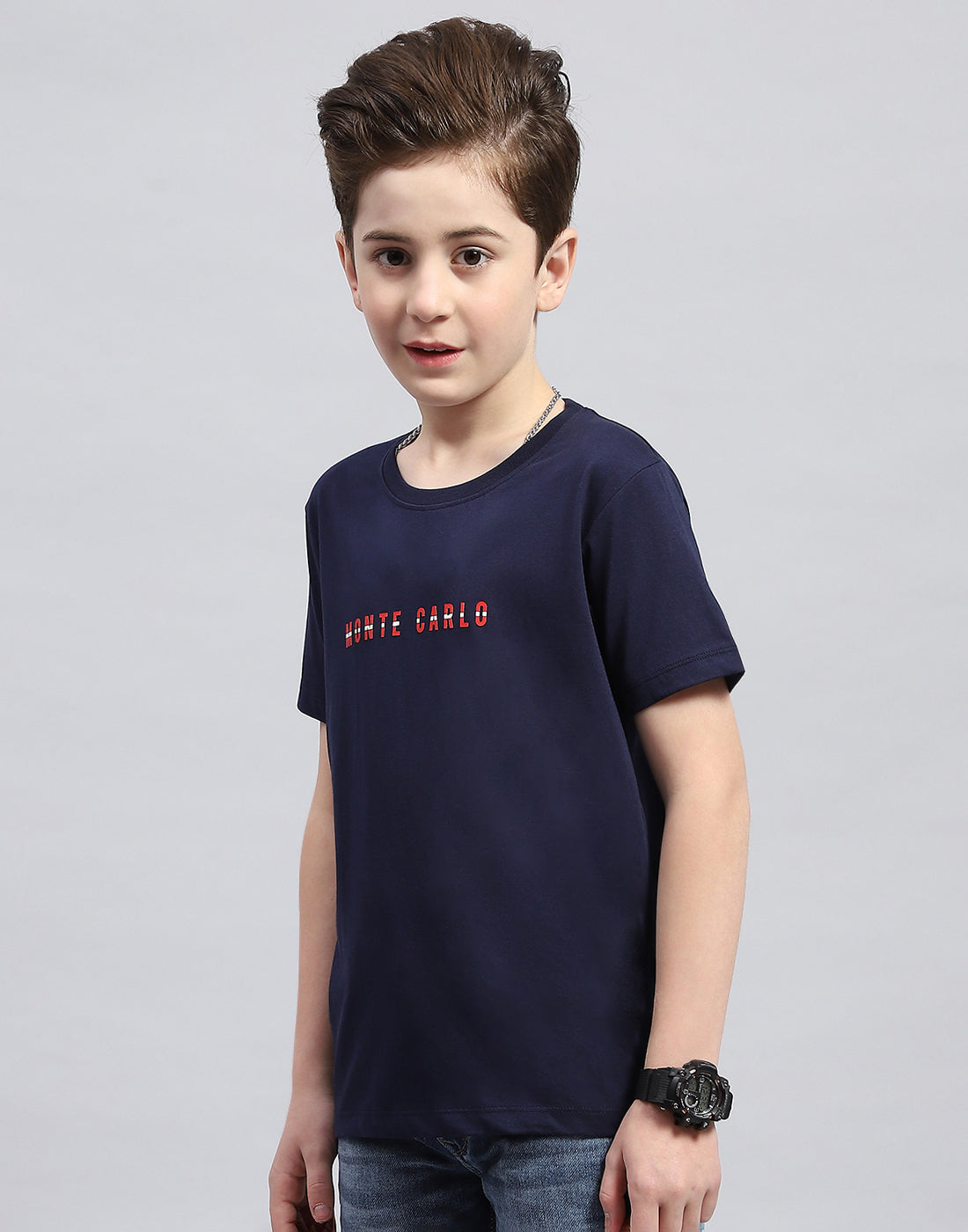 Boys Navy Blue Printed Round Neck Half Sleeve T-Shirt