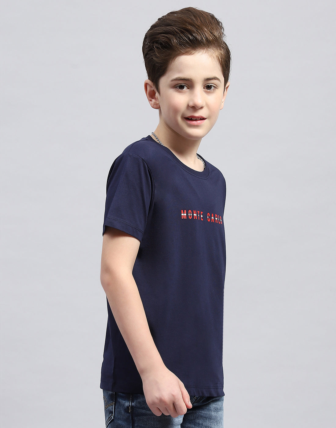 Boys Navy Blue Printed Round Neck Half Sleeve T-Shirt