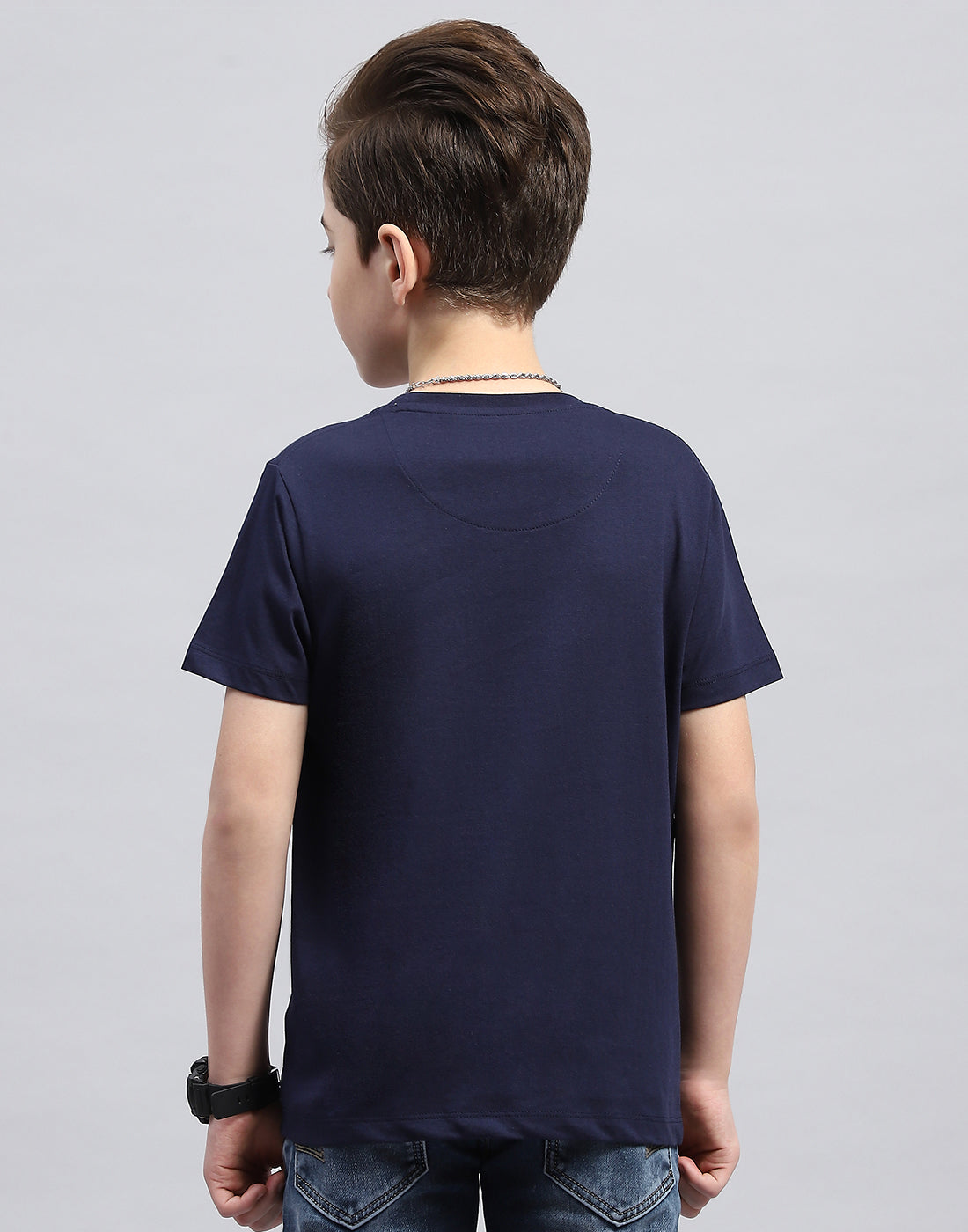 Boys Navy Blue Printed Round Neck Half Sleeve T-Shirt