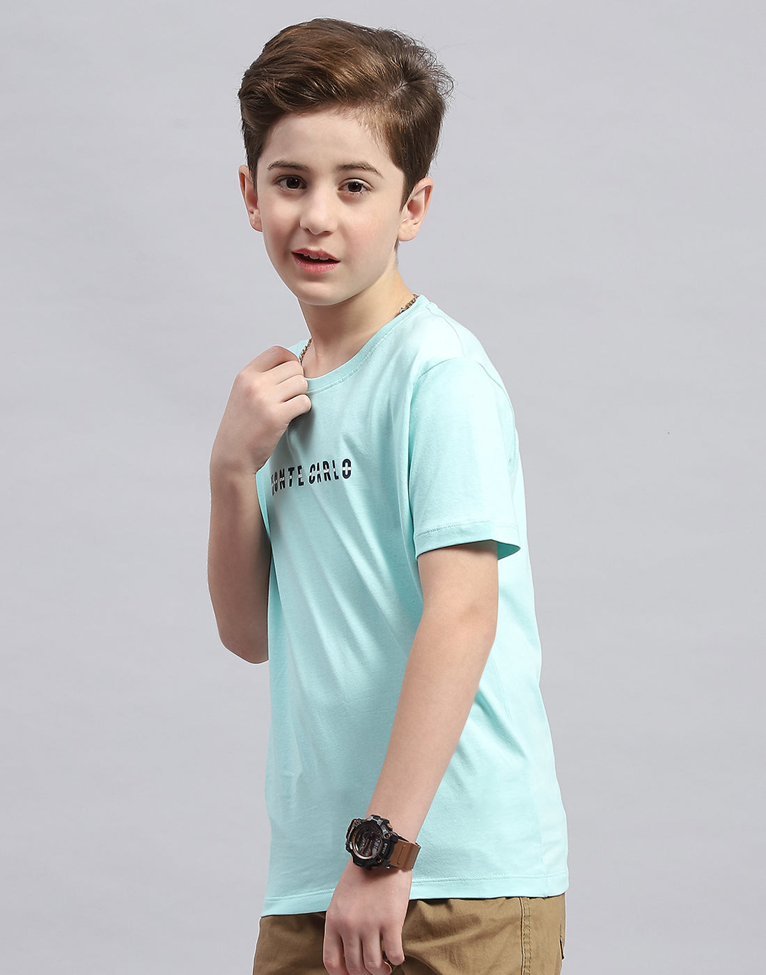 Boys Aqua Blue Printed Round Neck Half Sleeve T-Shirt