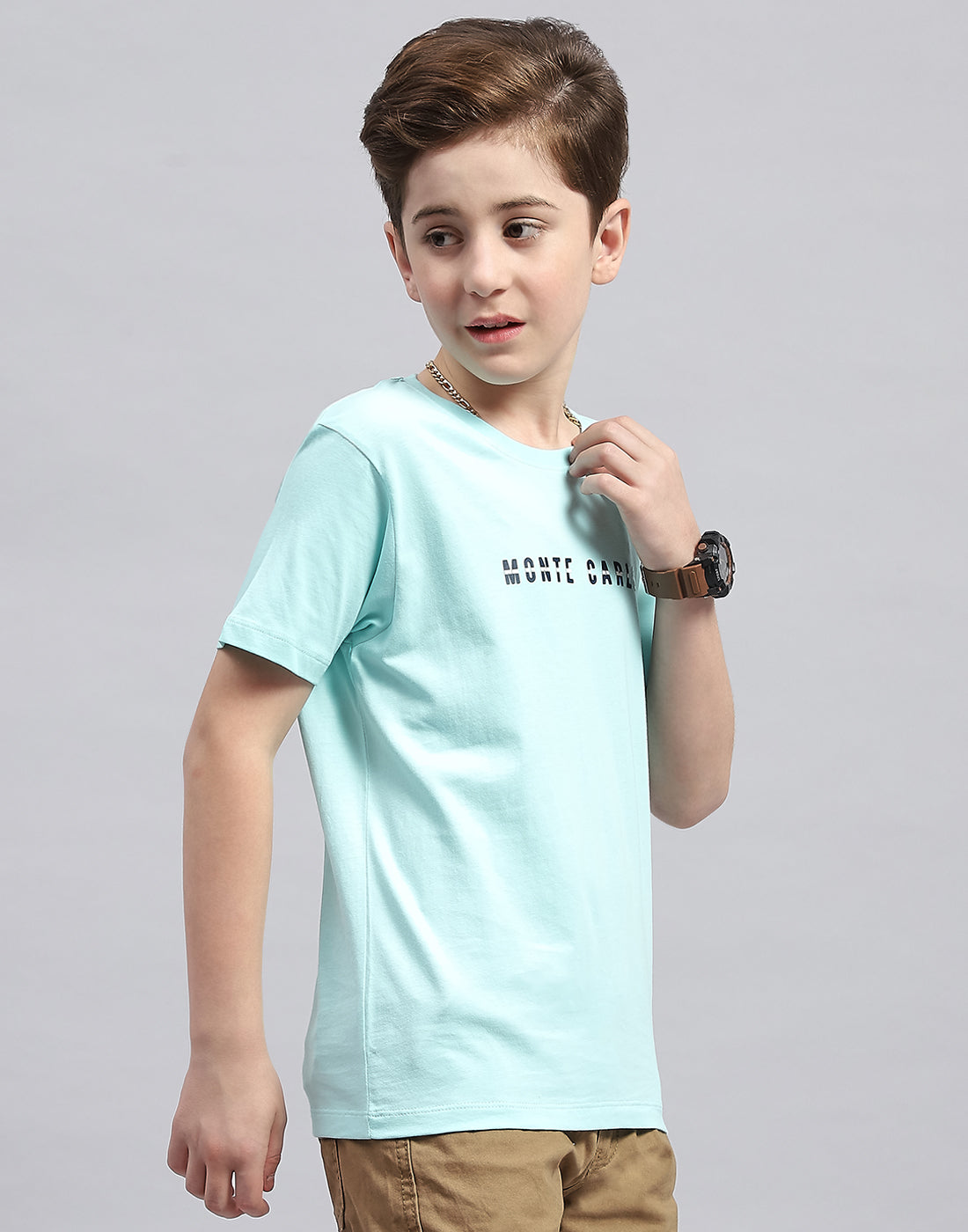 Boys Aqua Blue Printed Round Neck Half Sleeve T-Shirt