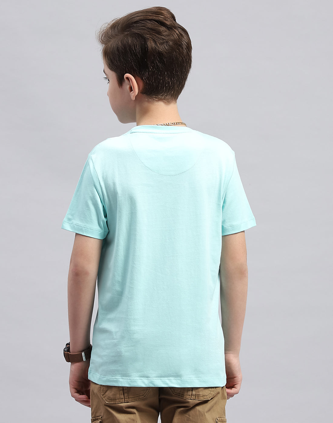 Boys Aqua Blue Printed Round Neck Half Sleeve T-Shirt