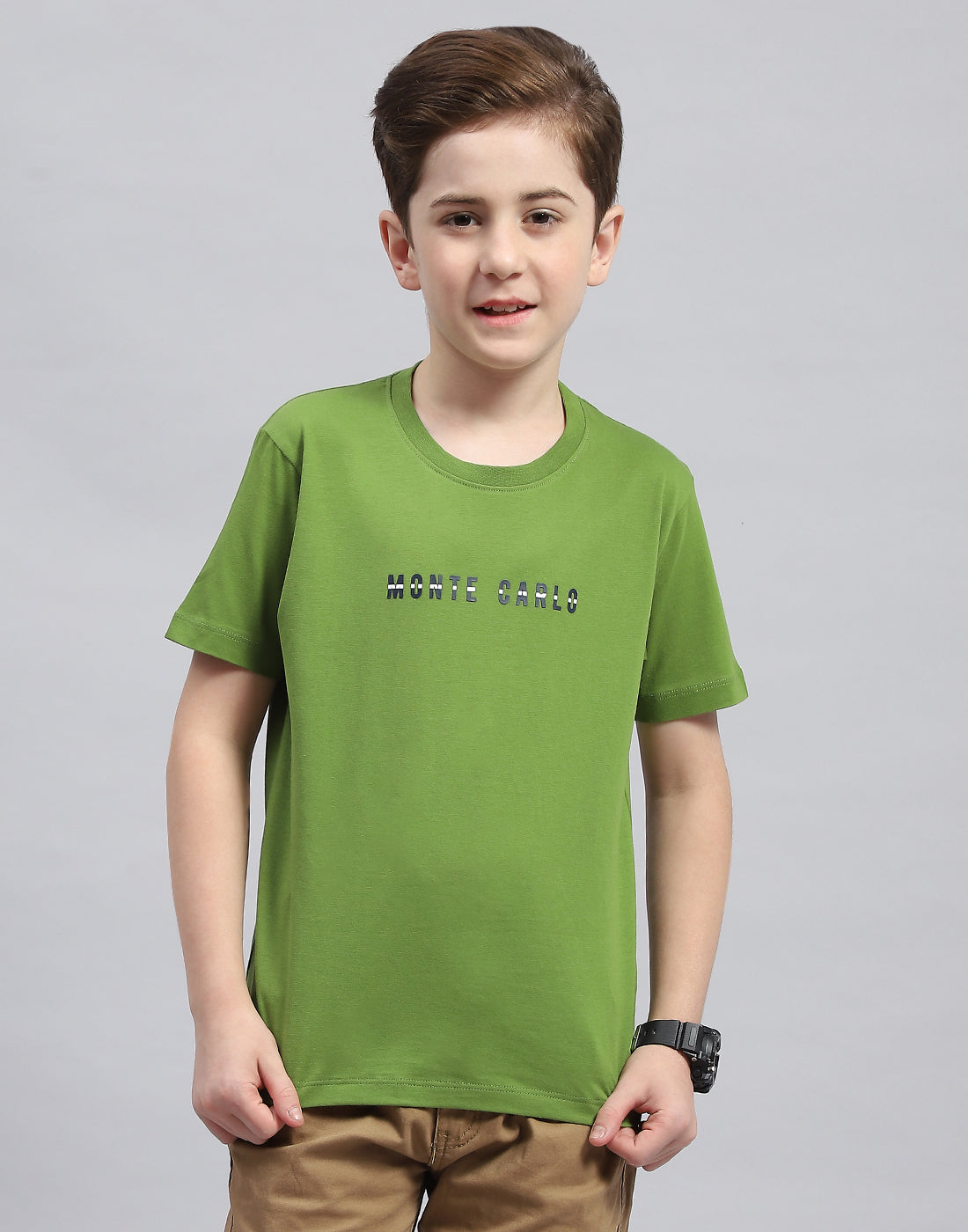 Boys Green Printed Round Neck Half Sleeve T-Shirt