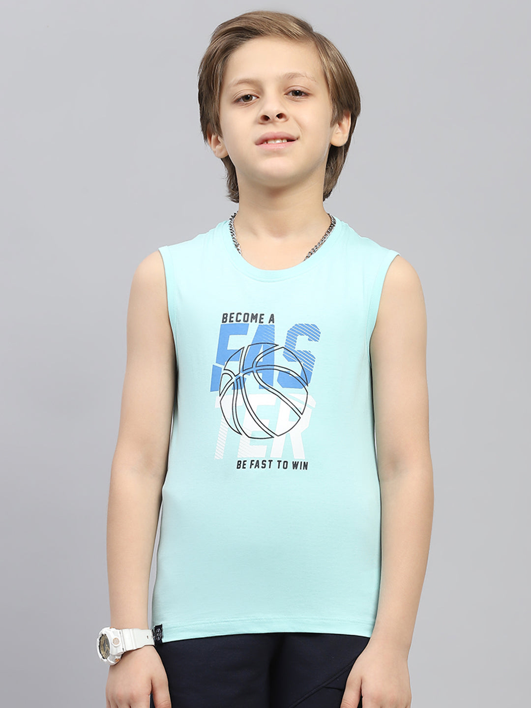 Boys Mustard & Blue Printed Round Neck Sleeveless T-Shirt (Pack of 2)