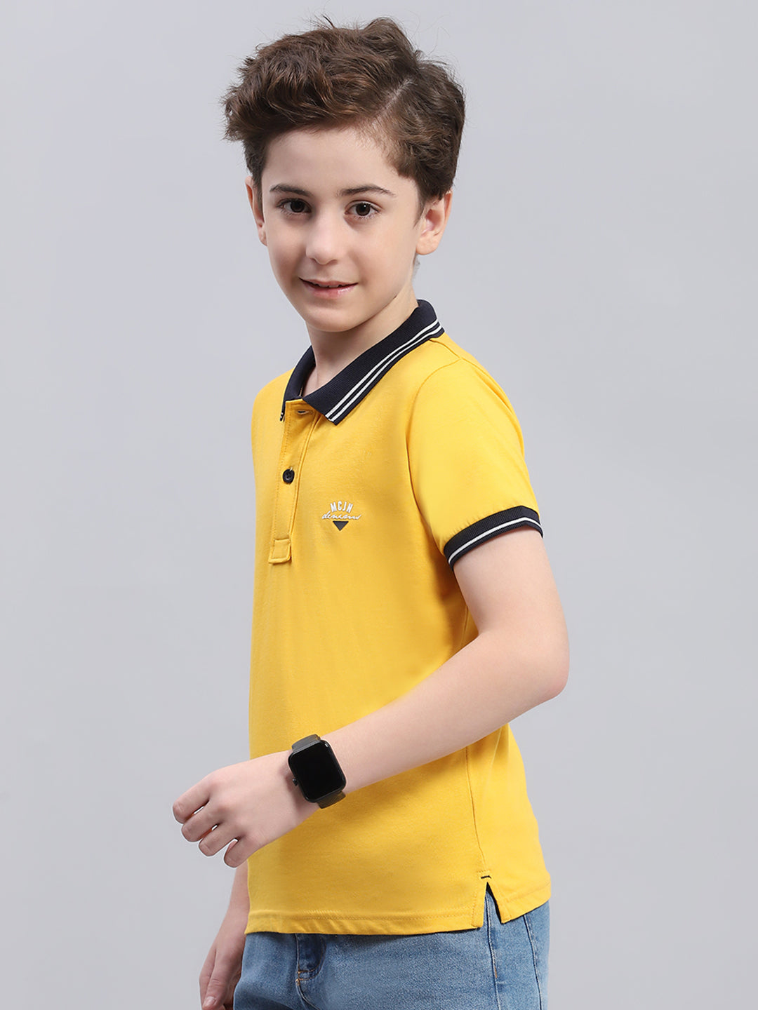 Boys Mustard Printed Collar Half Sleeve T-Shirt