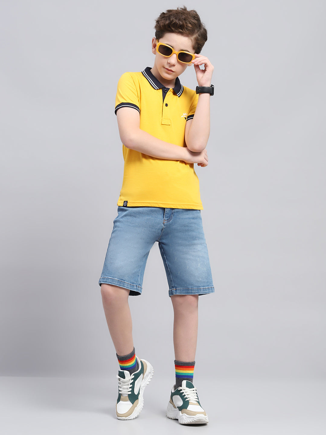 Boys Mustard Printed Collar Half Sleeve T-Shirt