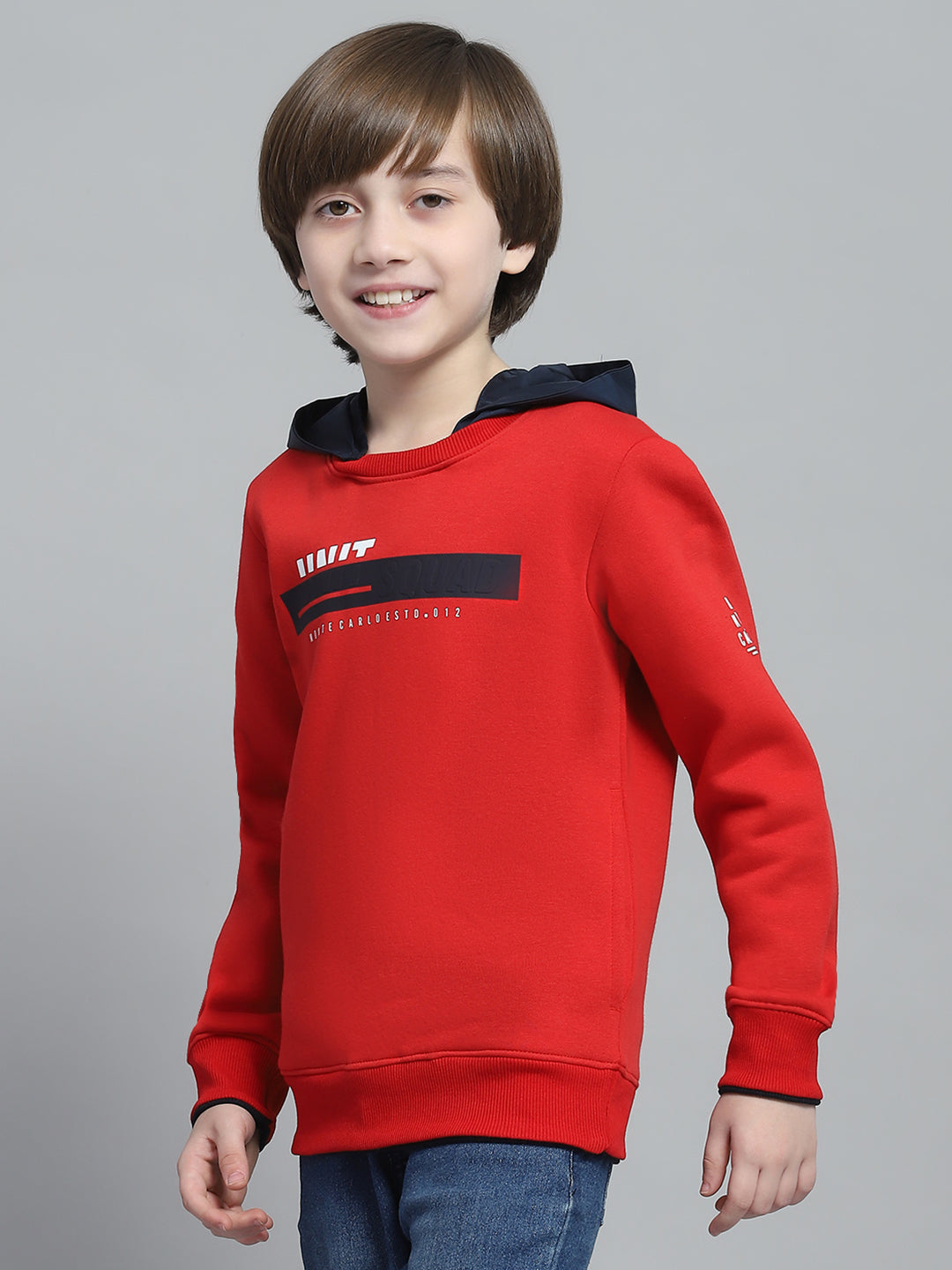 Boys Red Printed Round Neck Full Sleeve Sweatshirt