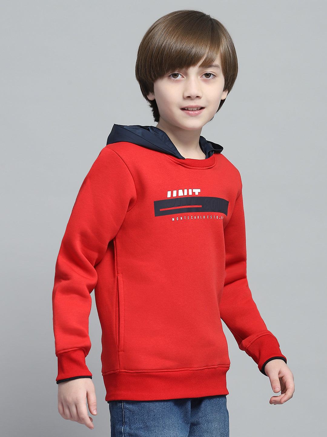 Boys Red Printed Round Neck Full Sleeve Sweatshirt