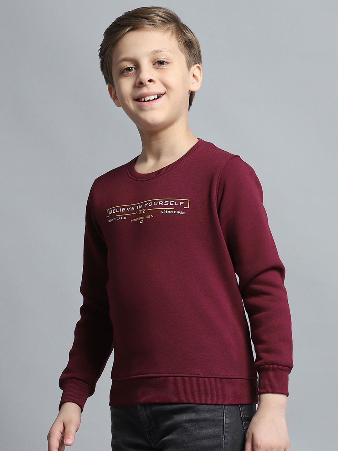 Boys Burgundy Printed Round Neck Full Sleeve Pullover