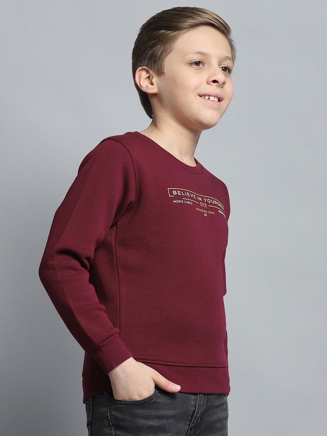 Boys Burgundy Printed Round Neck Full Sleeve Pullover