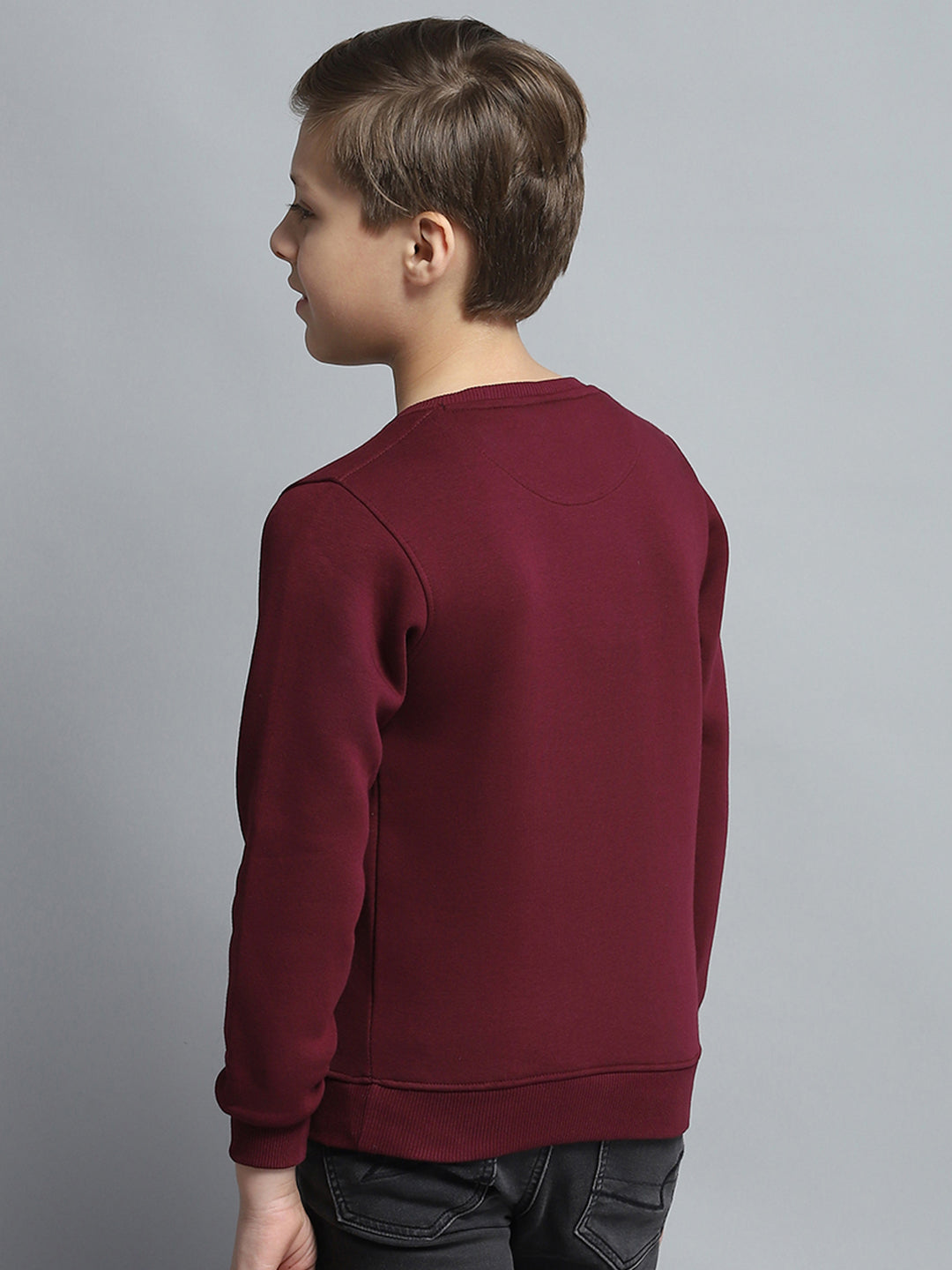 Boys Burgundy Printed Round Neck Full Sleeve Pullover