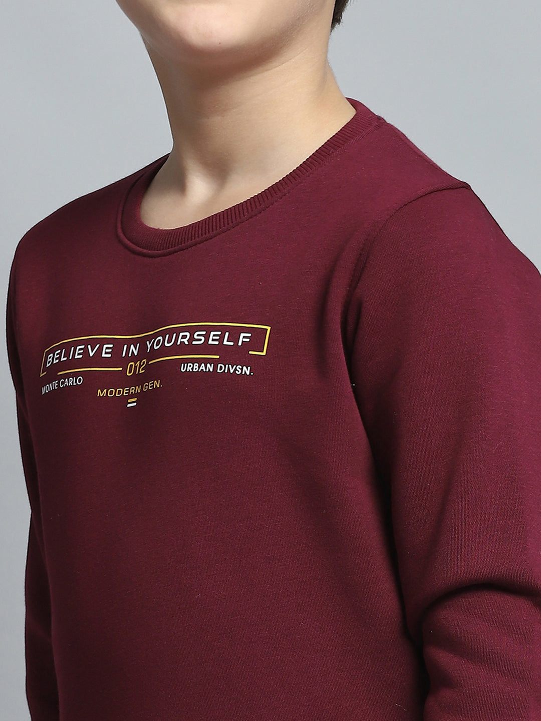 Boys Burgundy Printed Round Neck Full Sleeve Pullover