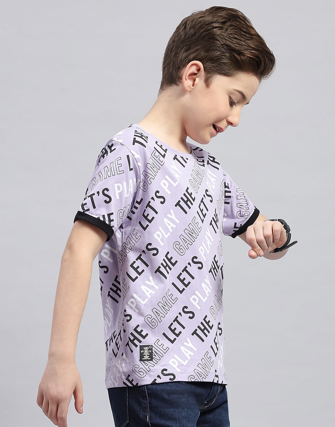 Boys Purple Printed Round Neck Half Sleeve T-Shirt
