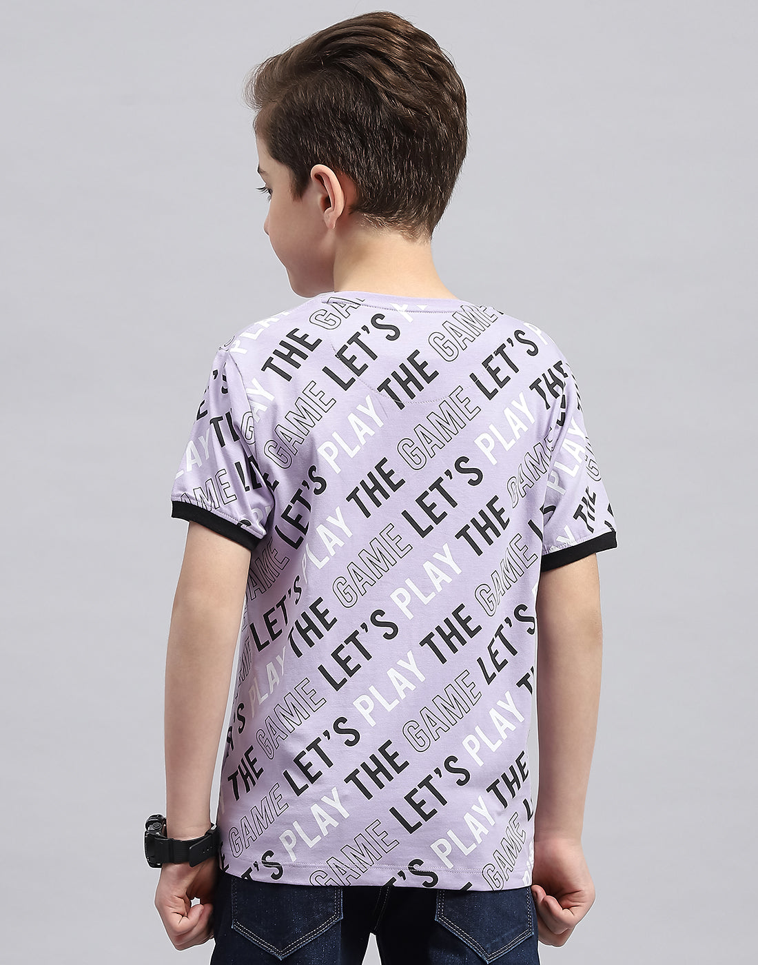 Boys Purple Printed Round Neck Half Sleeve T-Shirt