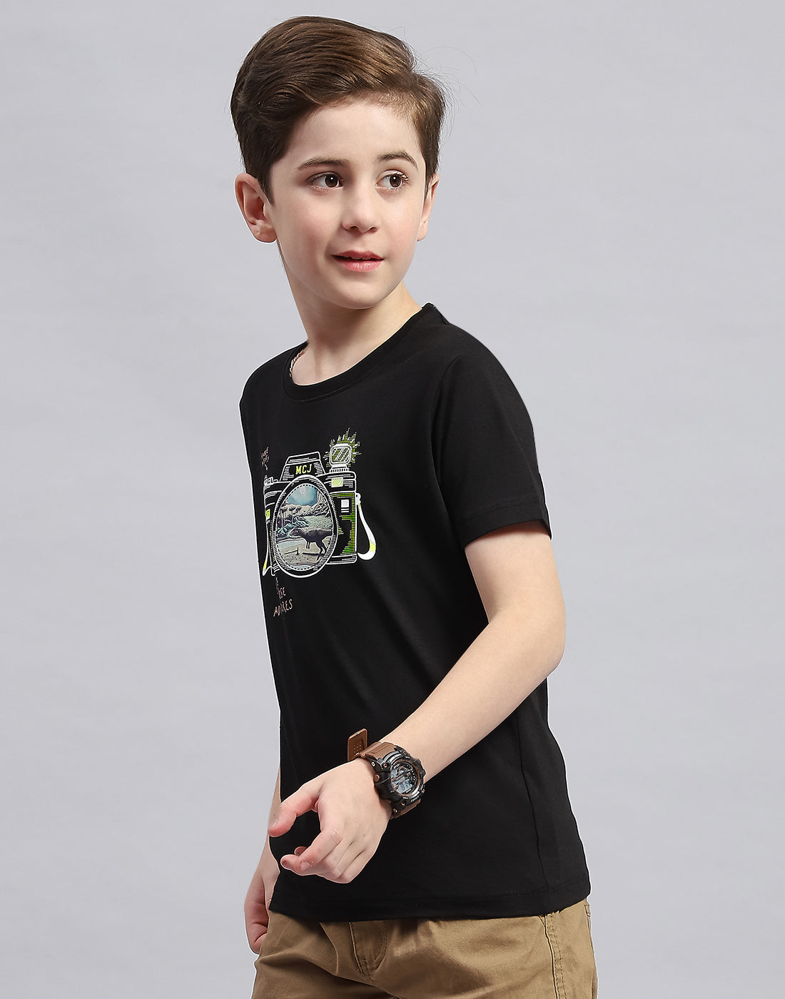 Boys Black Printed Round Neck Half Sleeve T-Shirt