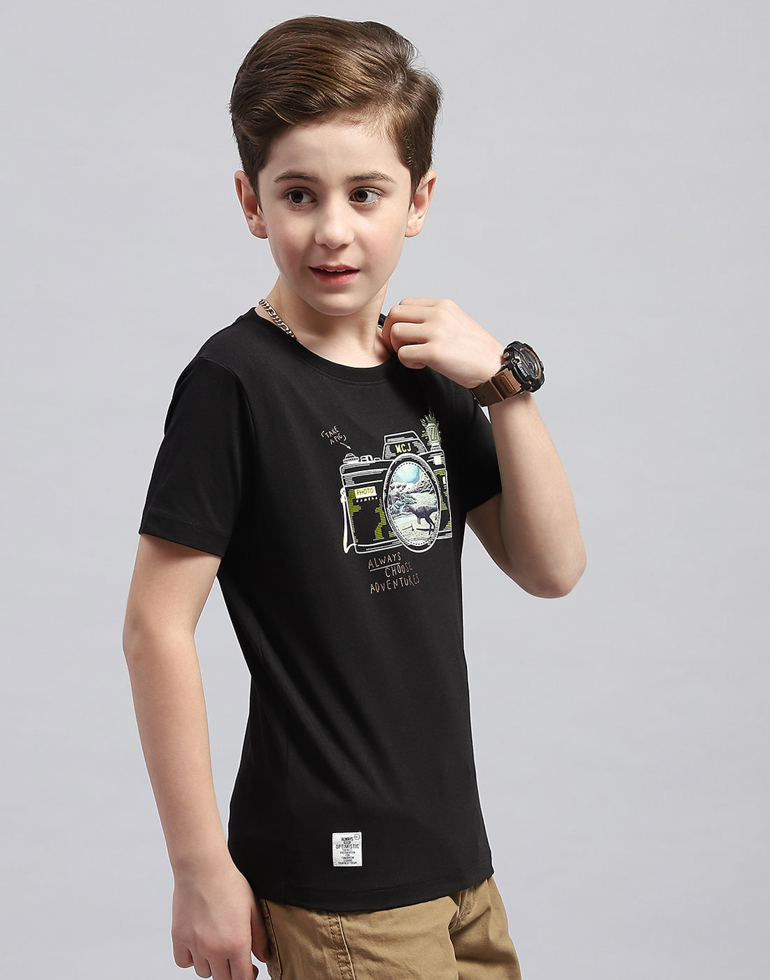 Boys Black Printed Round Neck Half Sleeve T-Shirt