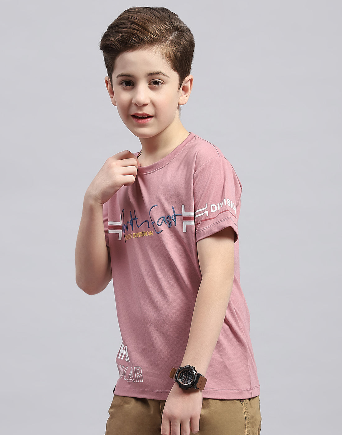 Boys Pink Printed Round Neck Half Sleeve T-Shirt