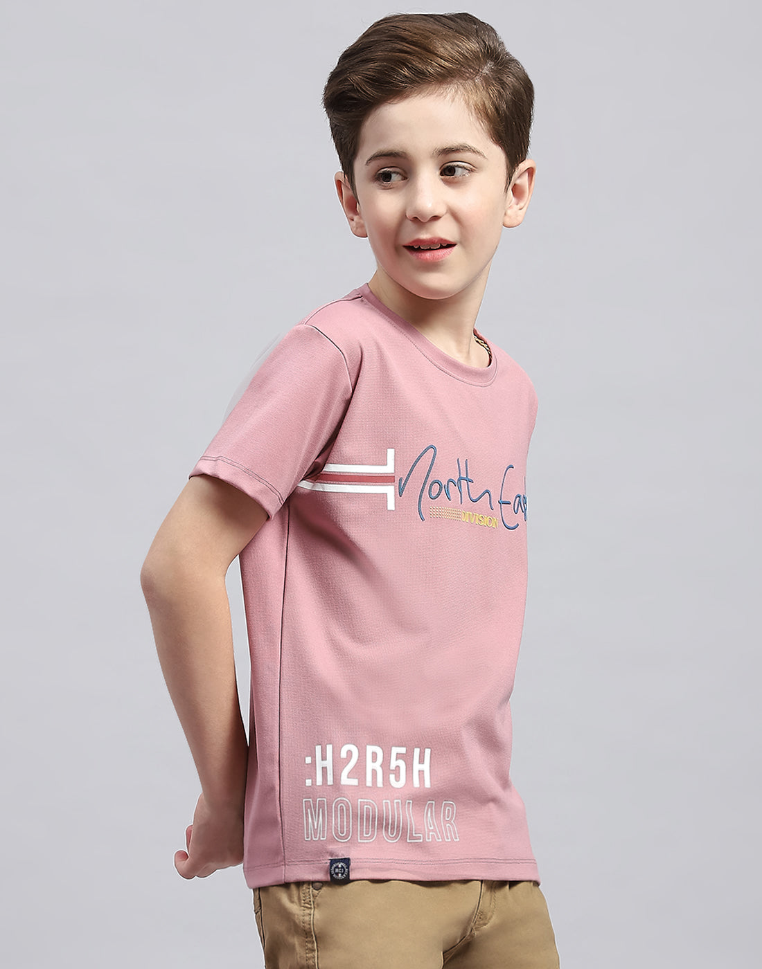 Boys Pink Printed Round Neck Half Sleeve T-Shirt