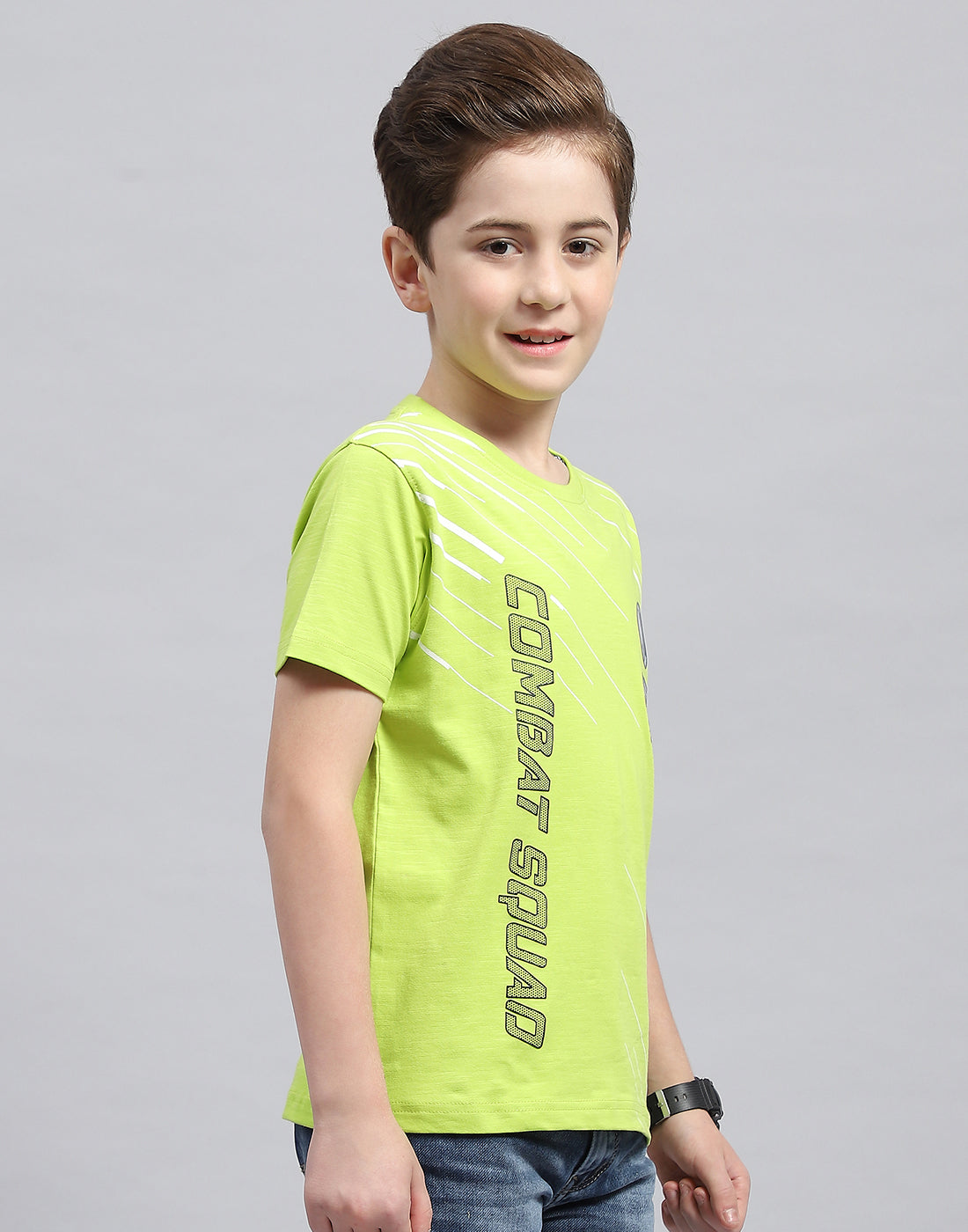 Boys Green Printed Round Neck Half Sleeve T-Shirt