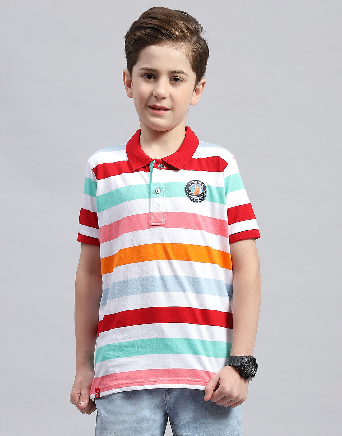 Boys White & Red Stripe Polo Collar Half Sleeve T-Shirt