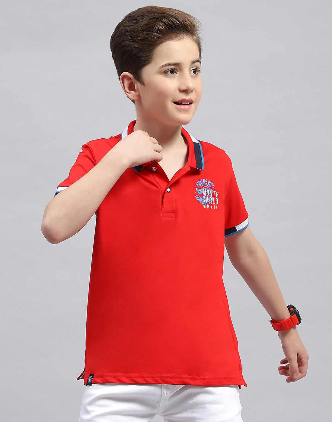 Boys Red Printed Polo Collar Half Sleeve T-Shirt