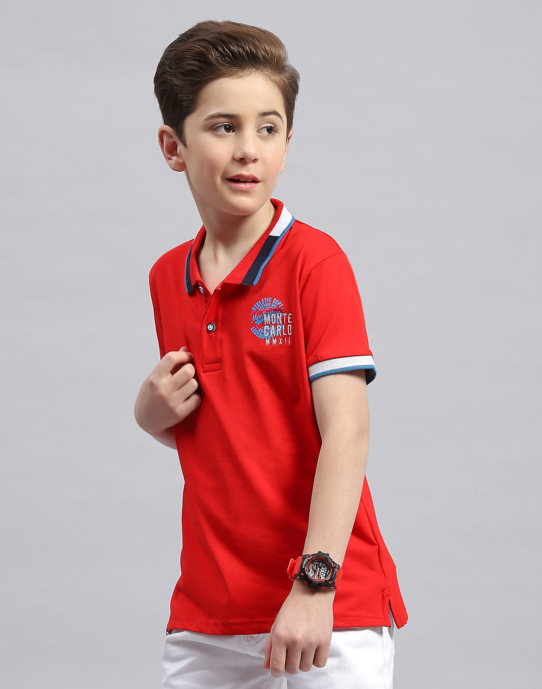 Boys Red Printed Polo Collar Half Sleeve T-Shirt