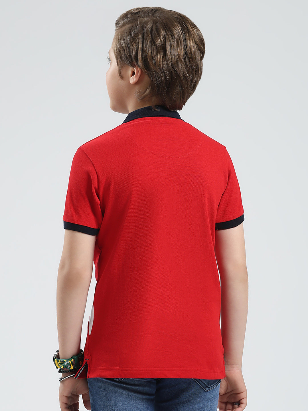 Boys Red Printed Collar Half Sleeve T-Shirt