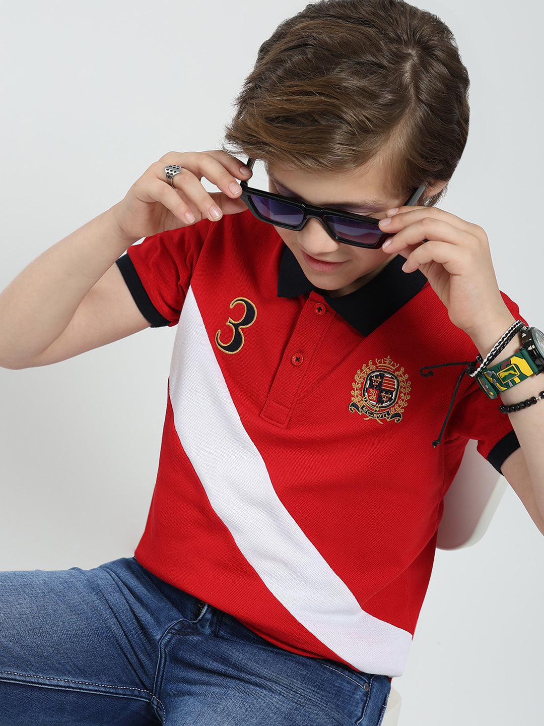 Boys Red Printed Collar Half Sleeve T-Shirt