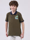 Boys Olive Printed Collar Half Sleeve T-Shirt