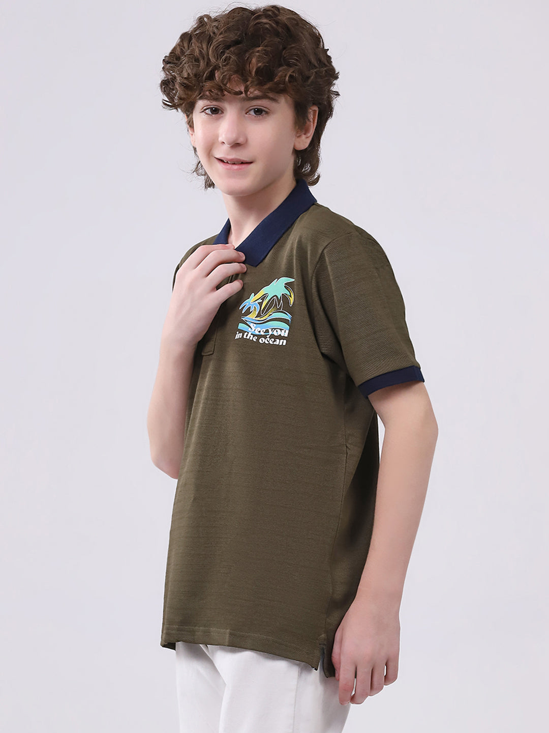 Boys Olive Printed Collar Half Sleeve T-Shirt