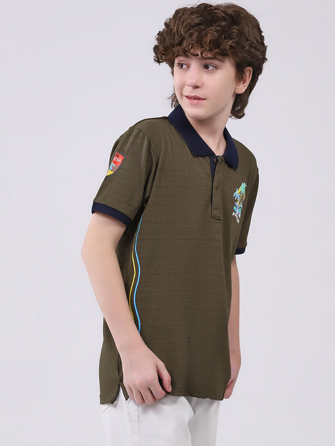 Boys Olive Printed Collar Half Sleeve T-Shirt