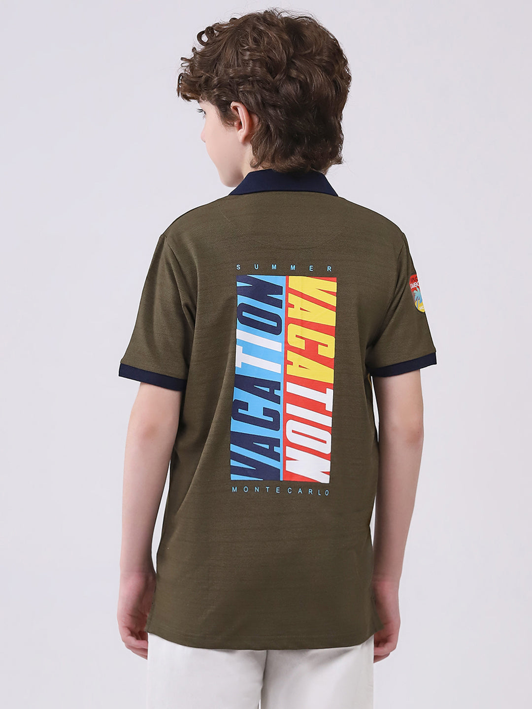 Boys Olive Printed Collar Half Sleeve T-Shirt