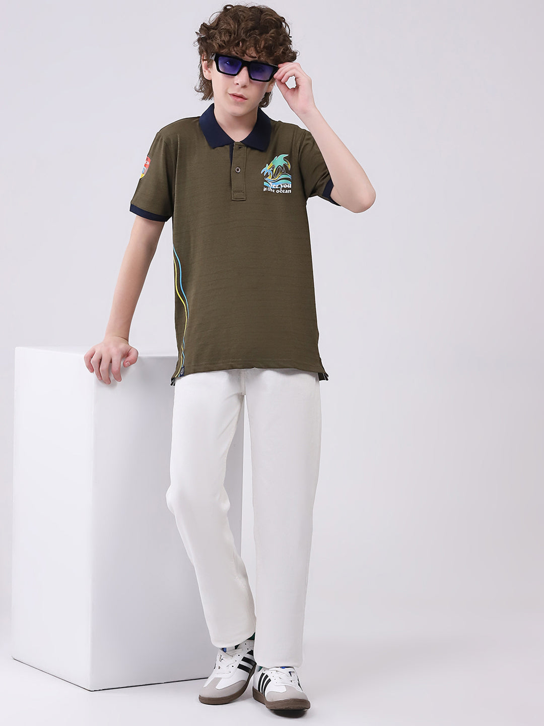 Boys Olive Printed Collar Half Sleeve T-Shirt