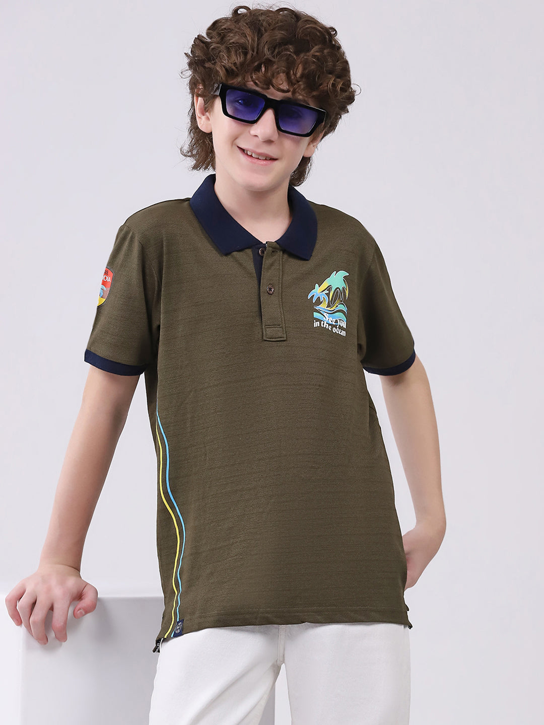 Boys Olive Printed Collar Half Sleeve T-Shirt