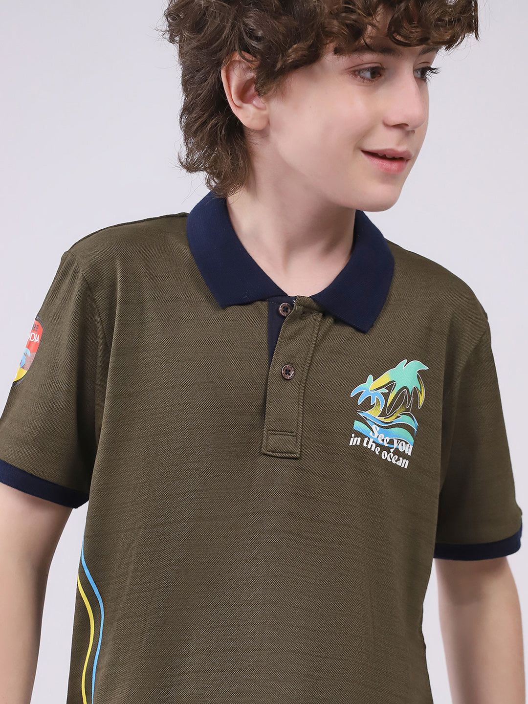Boys Olive Printed Collar Half Sleeve T-Shirt