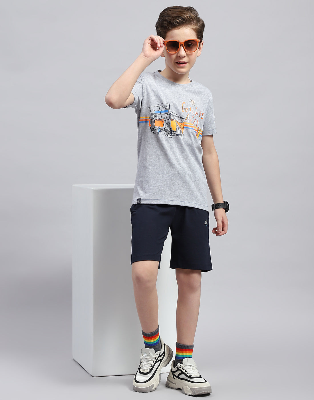 Boys Grey & Navy Blue Printed Round Neck Half Sleeve Bermuda Set