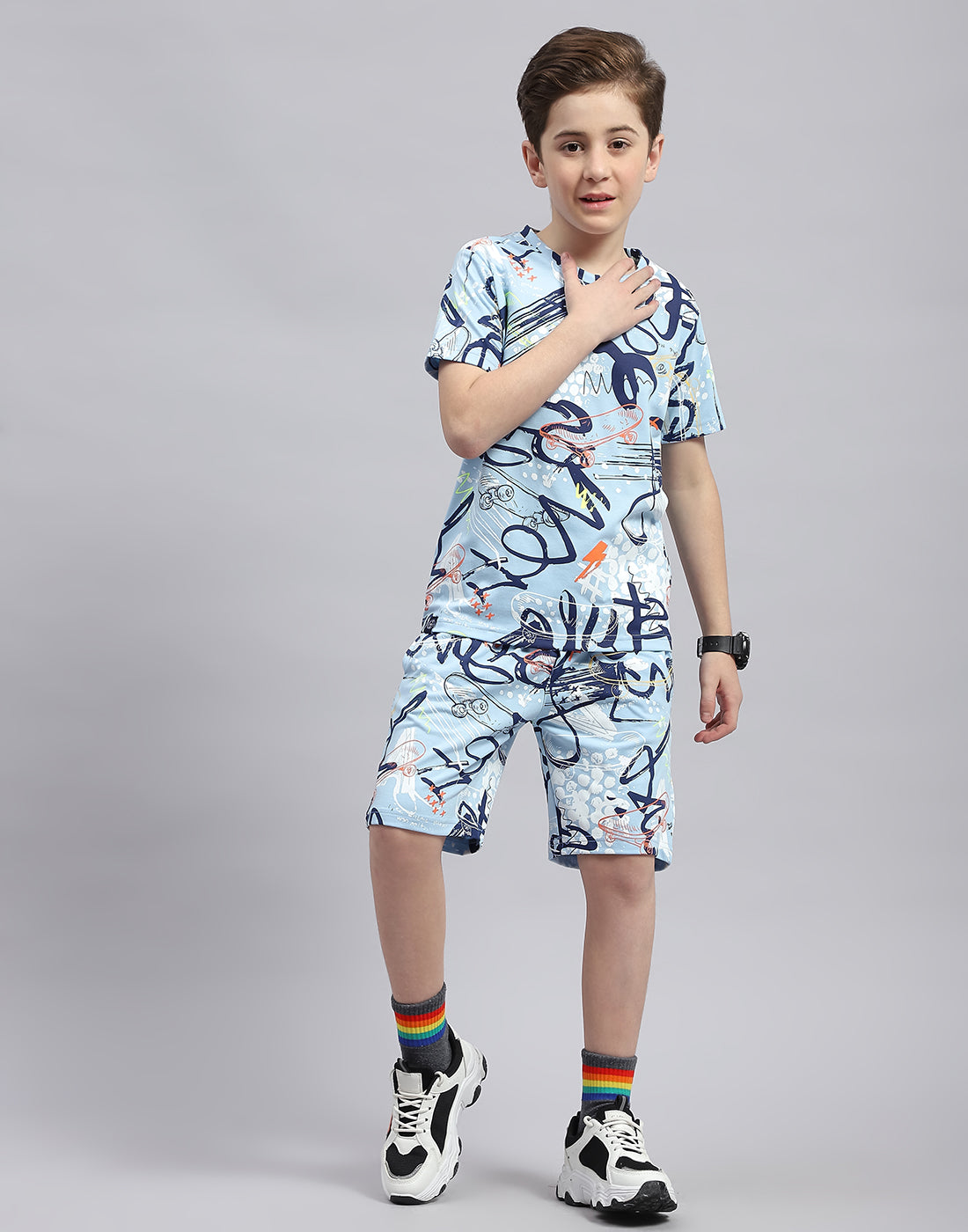 Boys Sky Blue Printed Round Neck Half Sleeve Bermuda Set