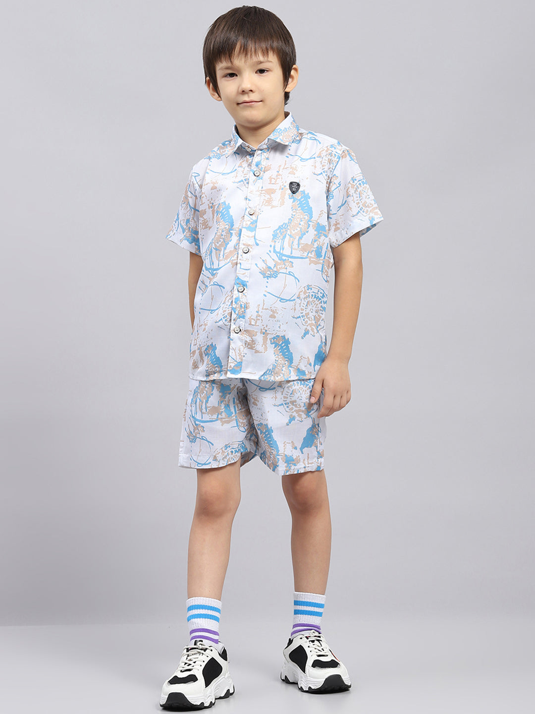 Boys Blue Printed Collar Half Sleeve Bermuda Set