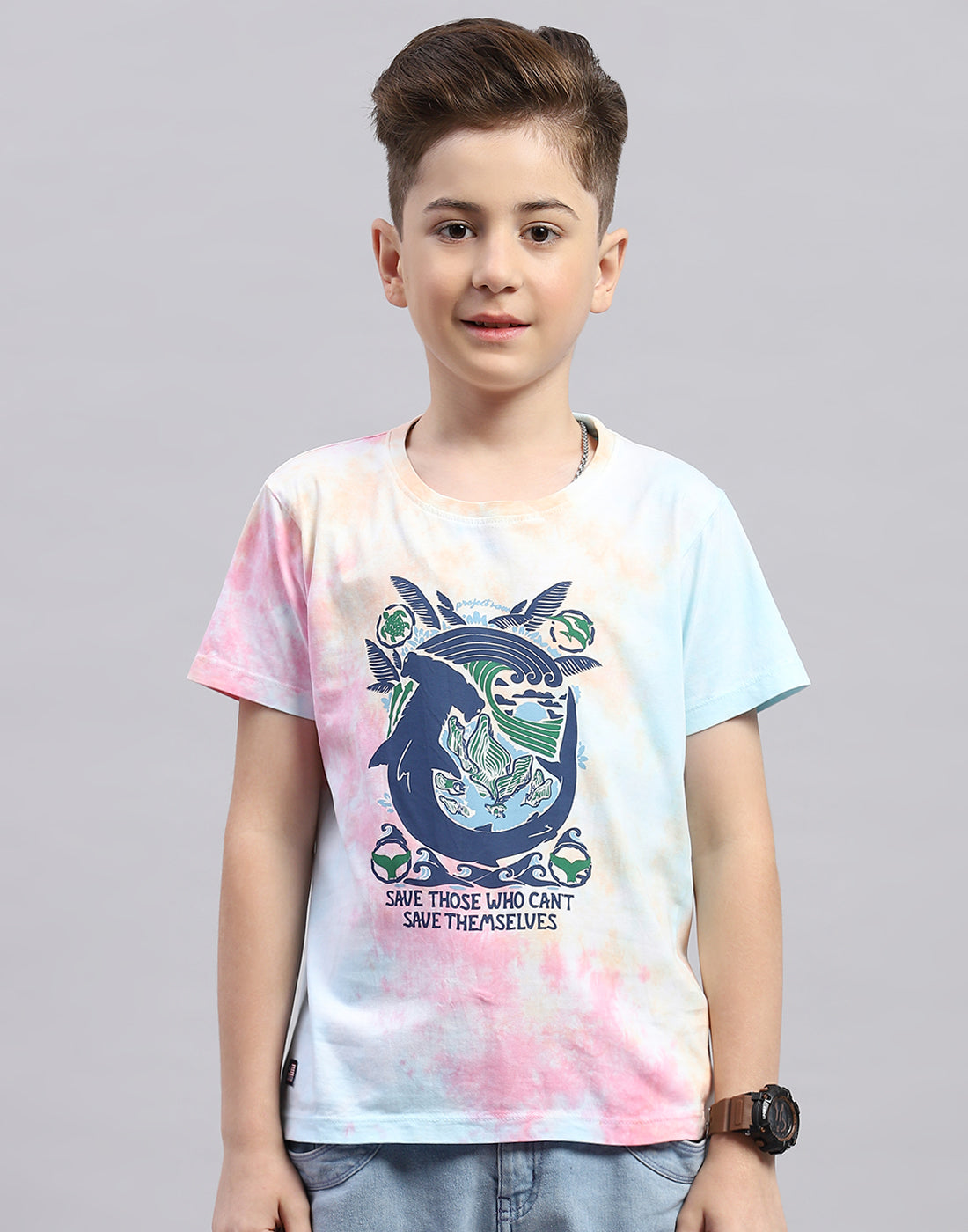 Boys Blue Printed Round Neck Half Sleeve T-Shirt
