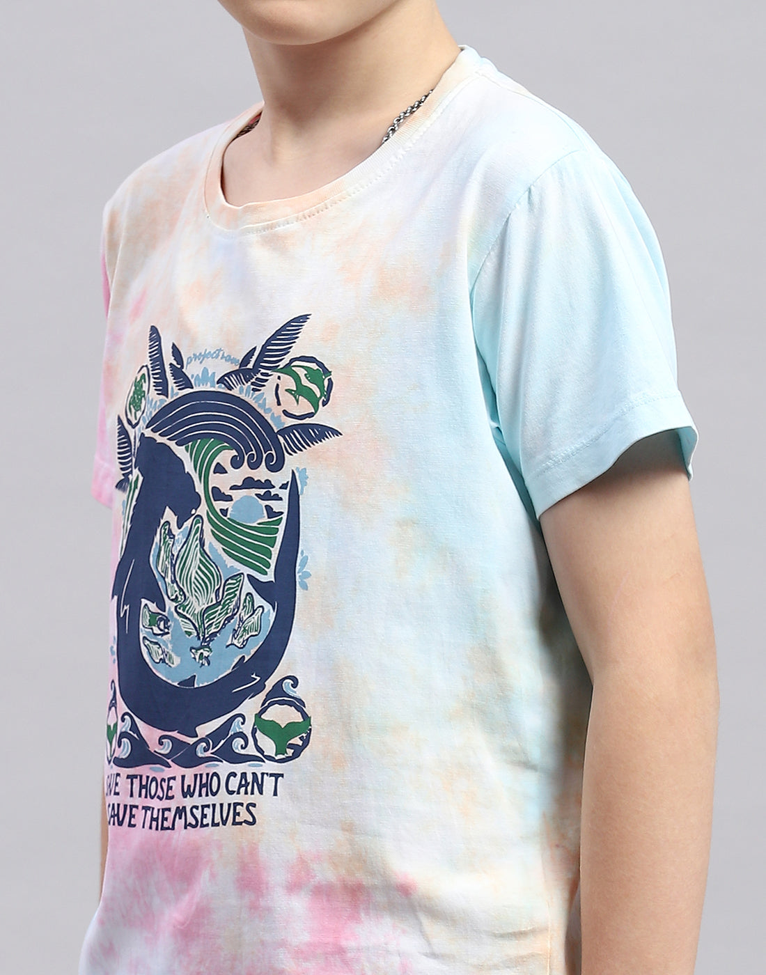 Boys Blue Printed Round Neck Half Sleeve T-Shirt