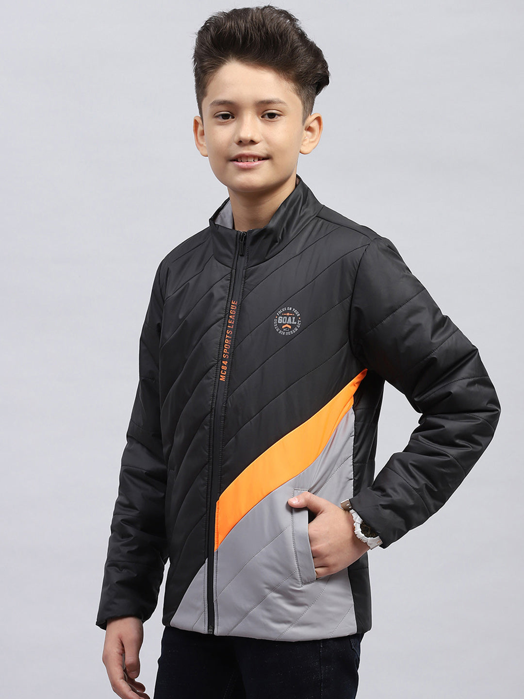 Boys Black Printed Mock Neck Full Sleeve Jacket