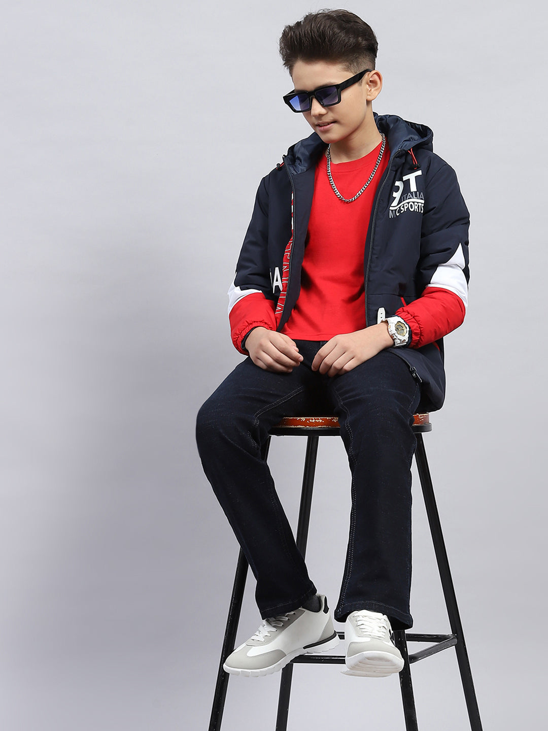 Boys Navy Blue Printed Hooded Full Sleeve Jacket