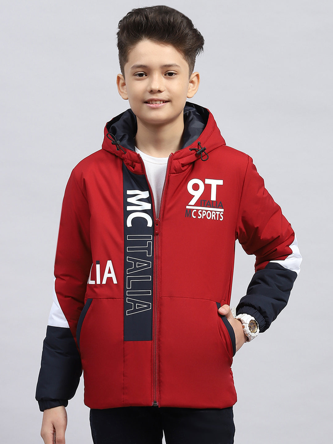 Boys Maroon Printed Hooded Full Sleeve Jacket