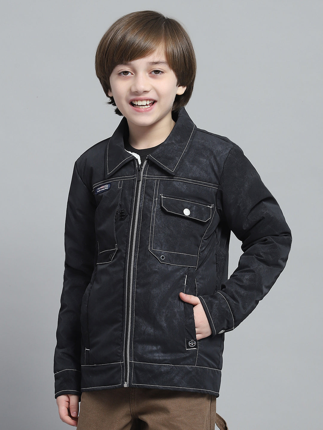 Boys Charcoal Solid Collar Full Sleeve Jacket