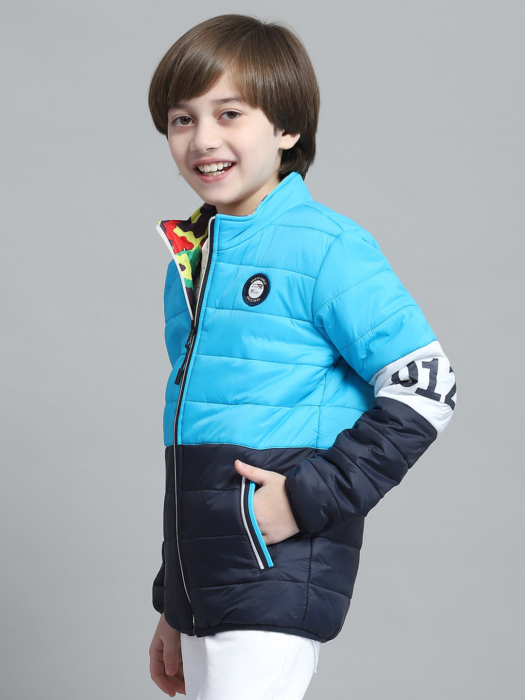 Boys Blue Solid Mock Neck Full Sleeve Reversible Jacket